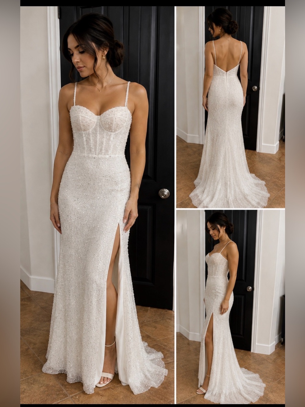 Elegant White Beaded Spaghetti-Strap Wedding Dress